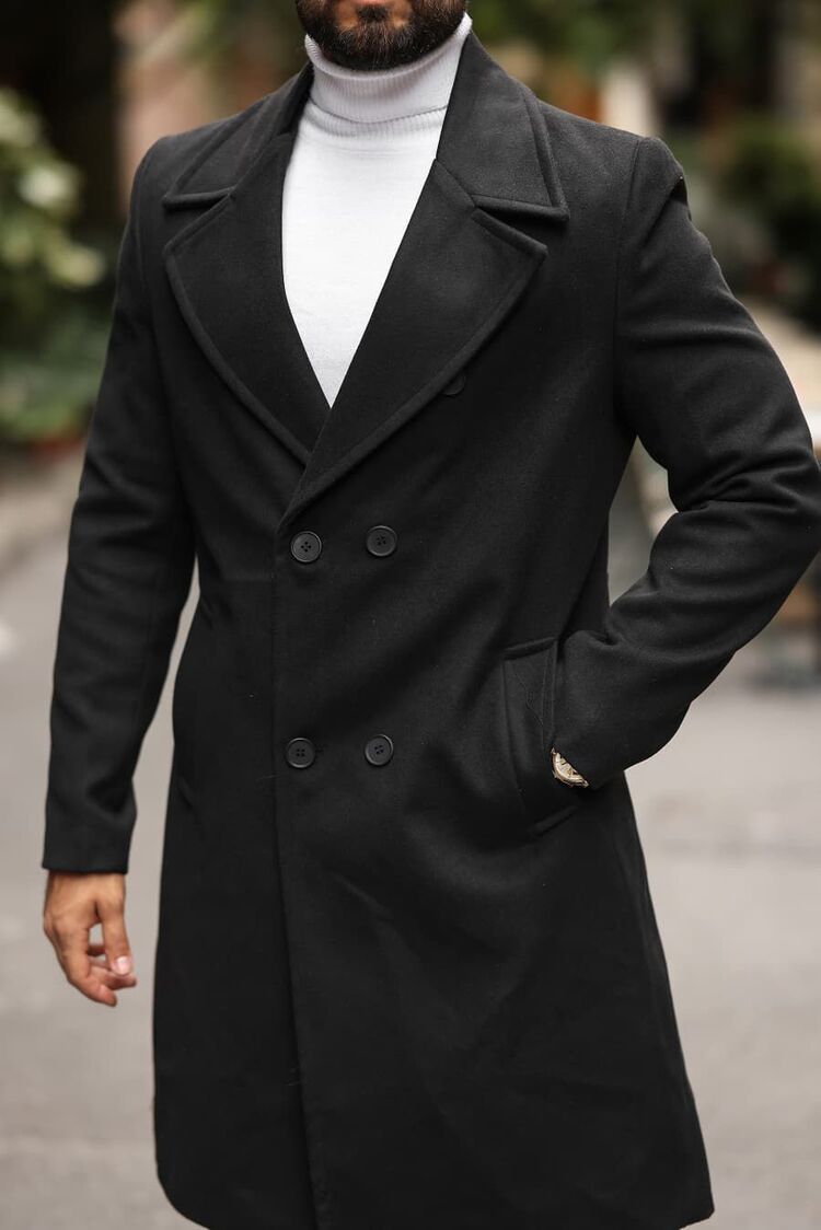 Kod : 2507 , Siyah Erkek Modern Fit Kaşe Kaban 