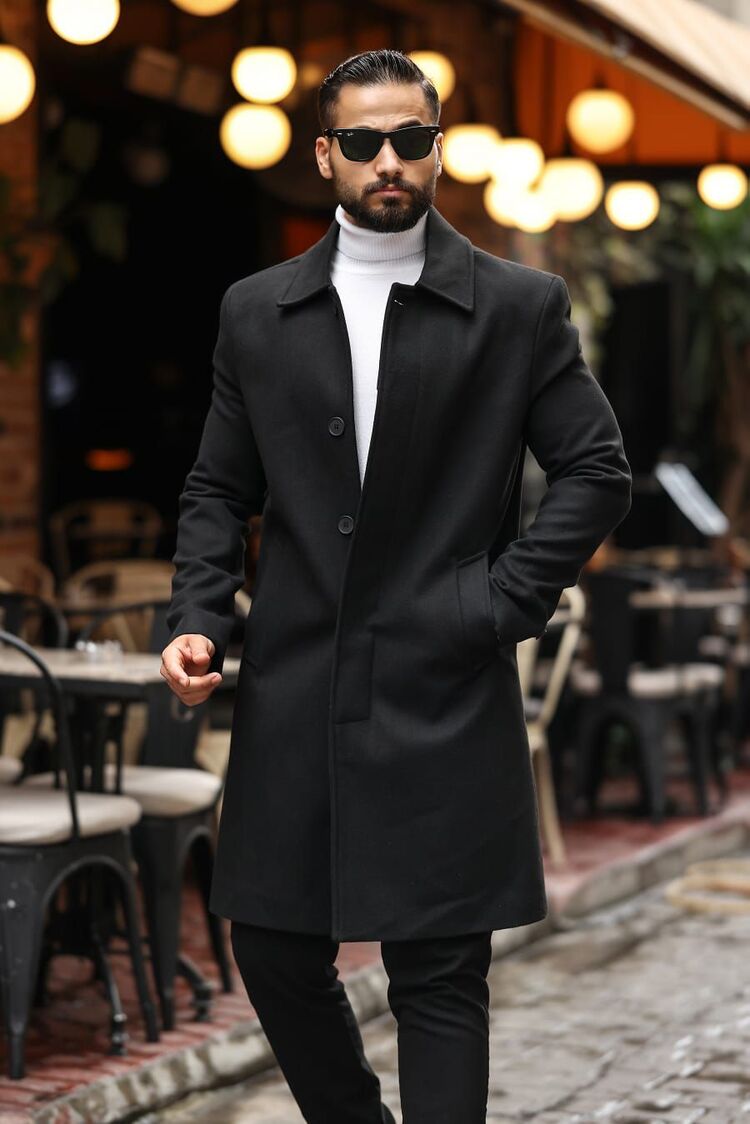 Kod : 2505 , Siyah Erkek Modern Fit Kaşe Kaban