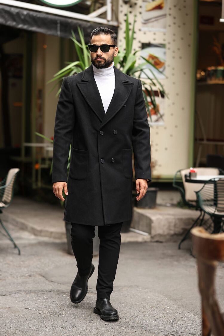Model kodu: 2503 , Siyah Erkek Modern Fit Kaşe Kaban 