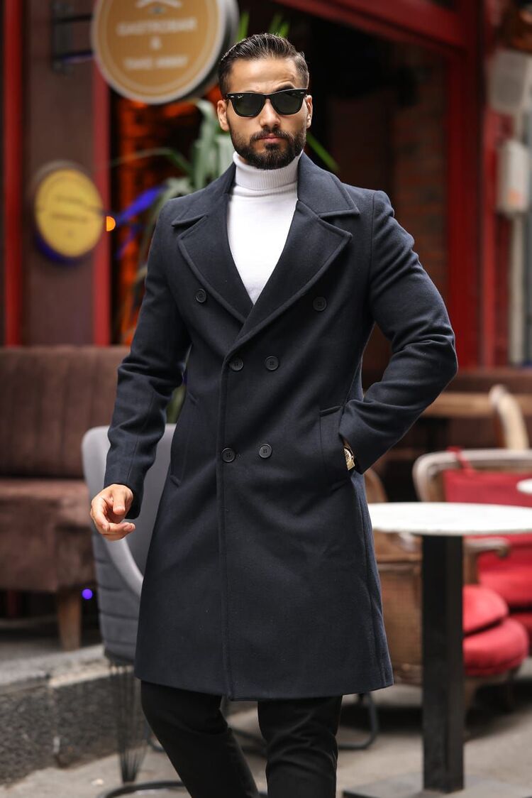 Kod : 2507 , Lacivert Erkek Modern Fit Kaşe Kaban 