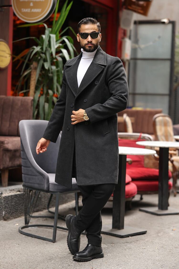 Kod : 2507 , Antrasit Erkek Modern Fit Kaşe Kaban 