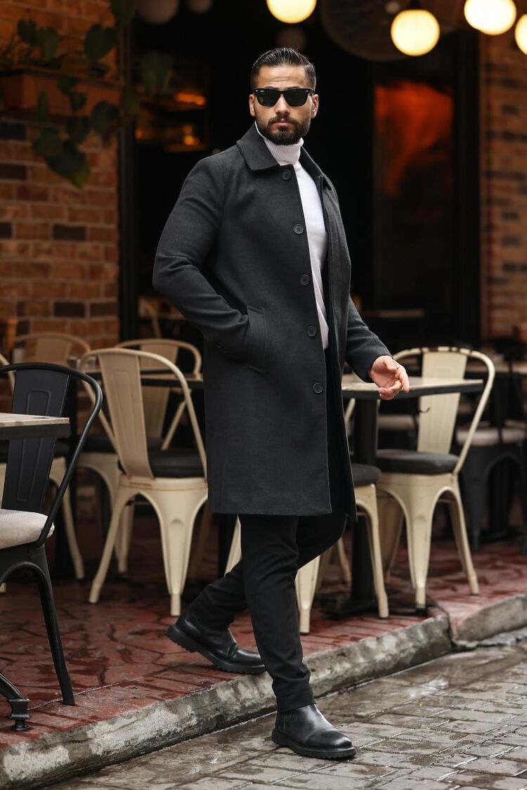 Kod : 2505 , Antrasit Erkek Modern Fit Kaşe Kaban
