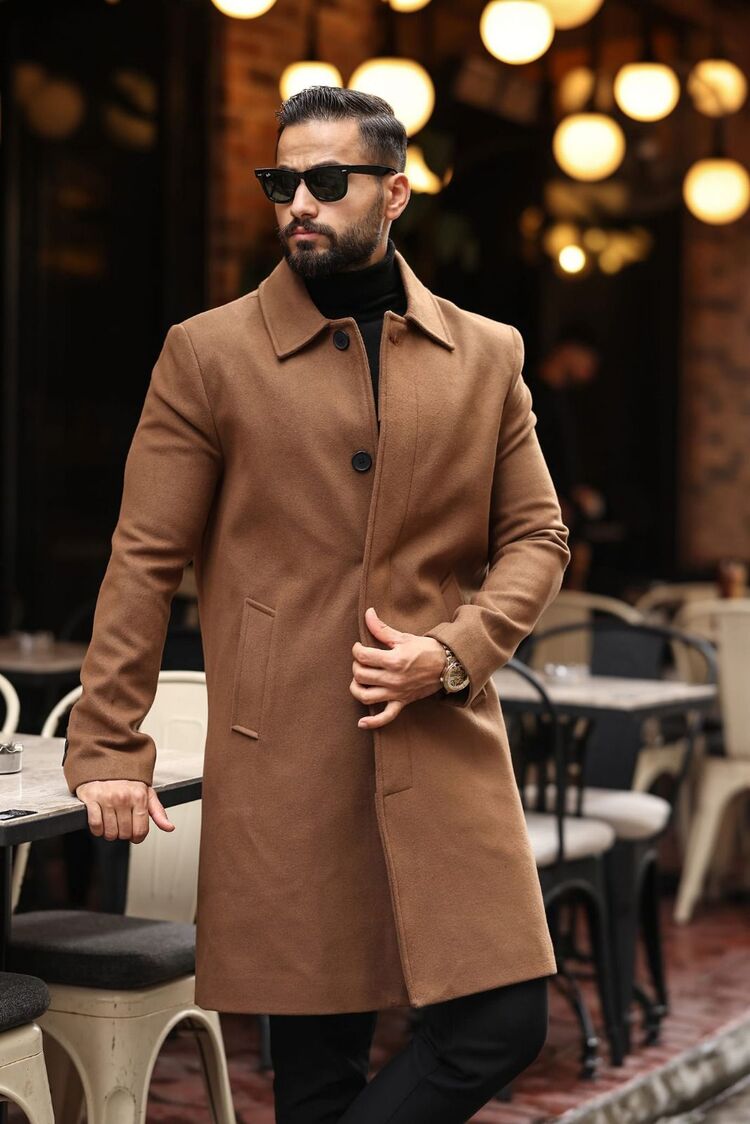 Kod : 2505 , Taba Erkek Modern Fit Kaşe Kaban