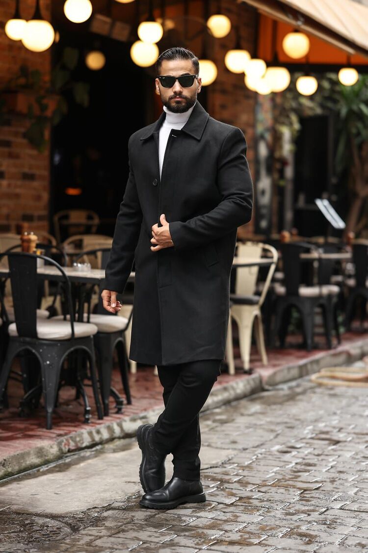 Kod : 2505 , Siyah Erkek Modern Fit Kaşe Kaban