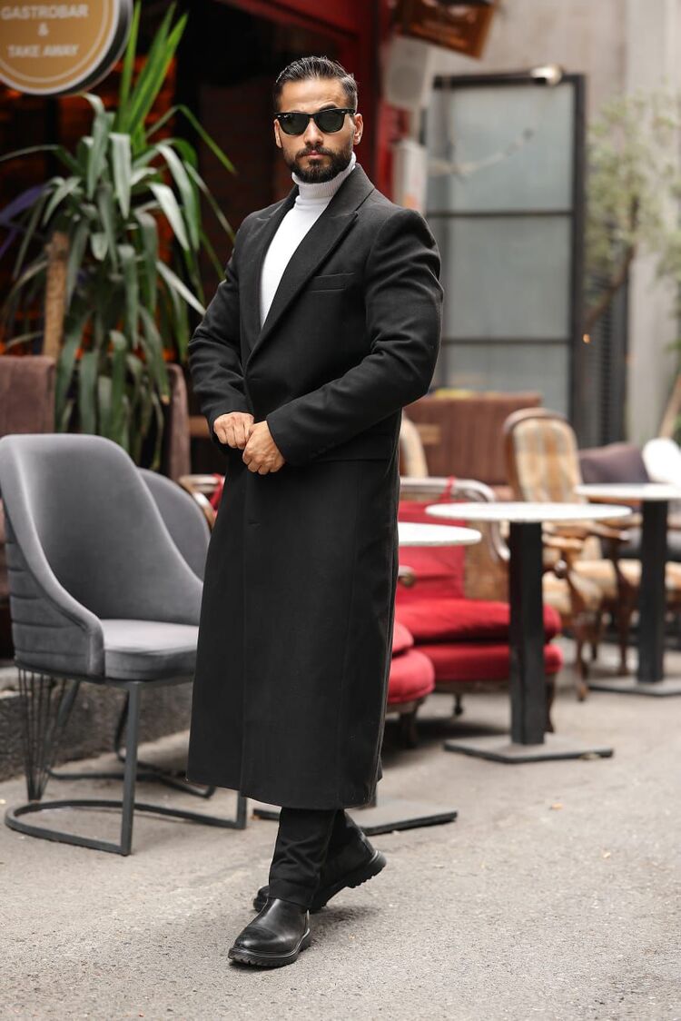Kod: 2502 | Siyah Erkek Modern Fit Kaşe Kaban – Diz Altına Uzanan En Uzun Model 