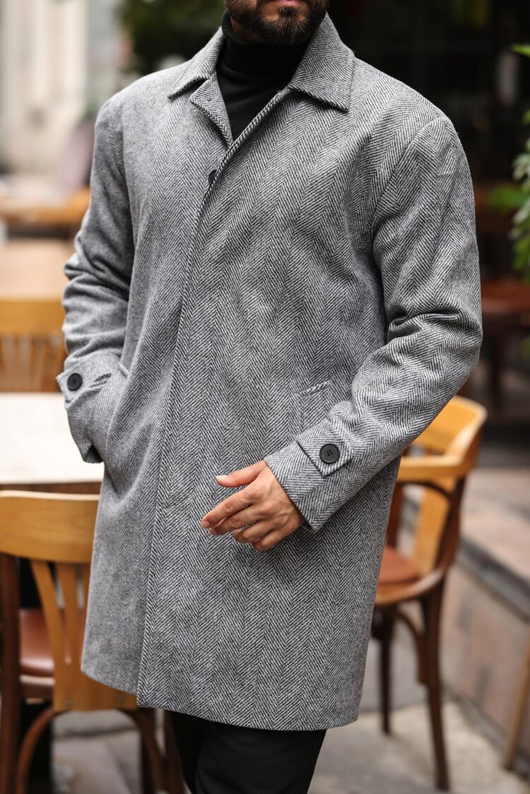 Kod : 2501 , Balık Sırtı desenli Gri Erkek Modern Fit Kaşe Kaban 