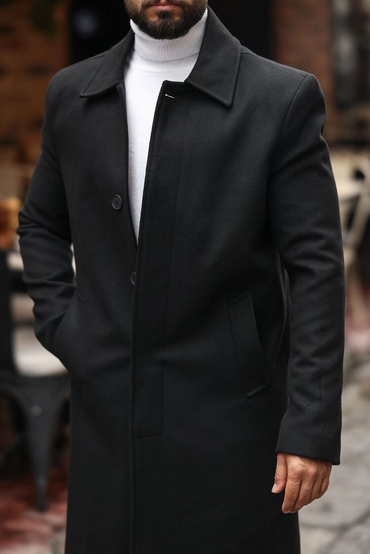 Kod : 2505 , Siyah Erkek Modern Fit Kaşe Kaban