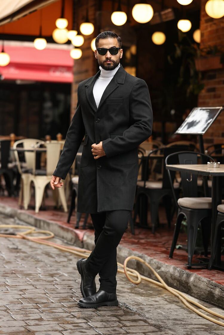Kod : 2506 , Siyah Erkek  Modern Fit Kaşe Kaban