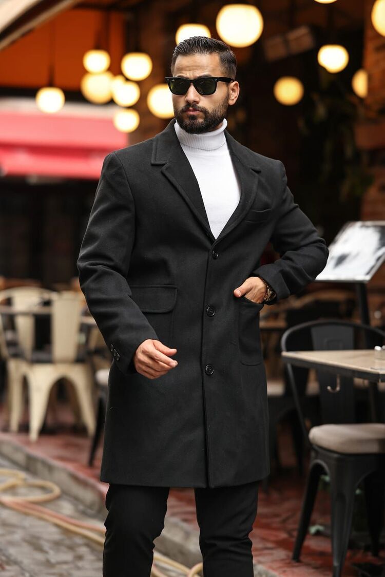Kod : 2506 , Siyah Erkek  Modern Fit Kaşe Kaban