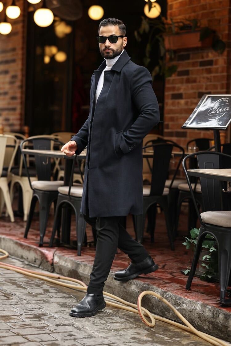 Kod : 2505 , Lacivert Erkek Modern Fit Kaşe Kaban