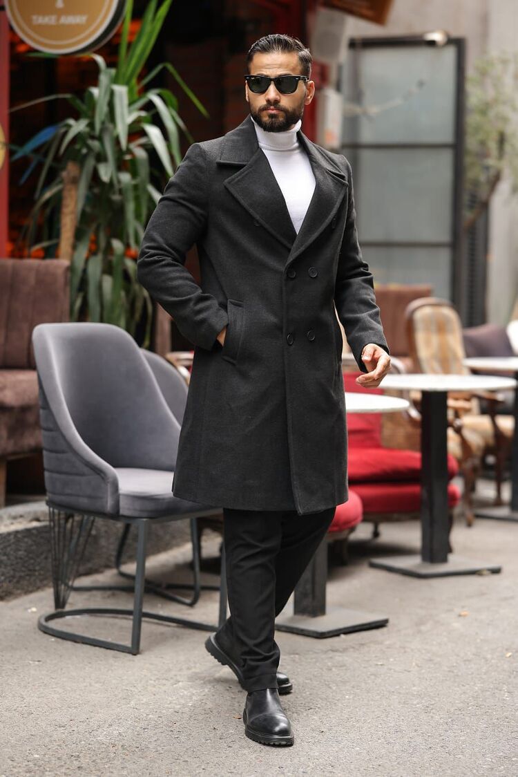 Kod : 2507 , Antrasit Erkek Modern Fit Kaşe Kaban 