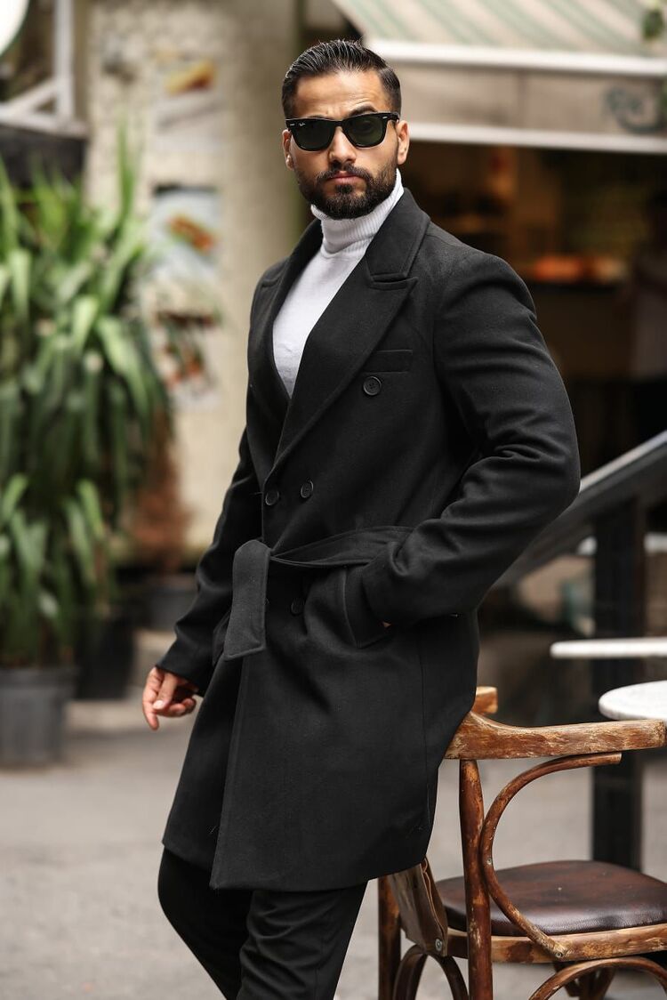 Kod:2504 Siyah Erkek Modern Fit Kaşe Kaban 