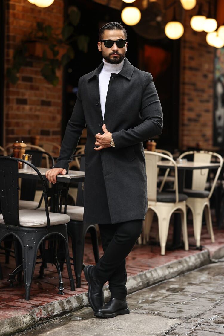 Kod : 2505 , Antrasit Erkek Modern Fit Kaşe Kaban