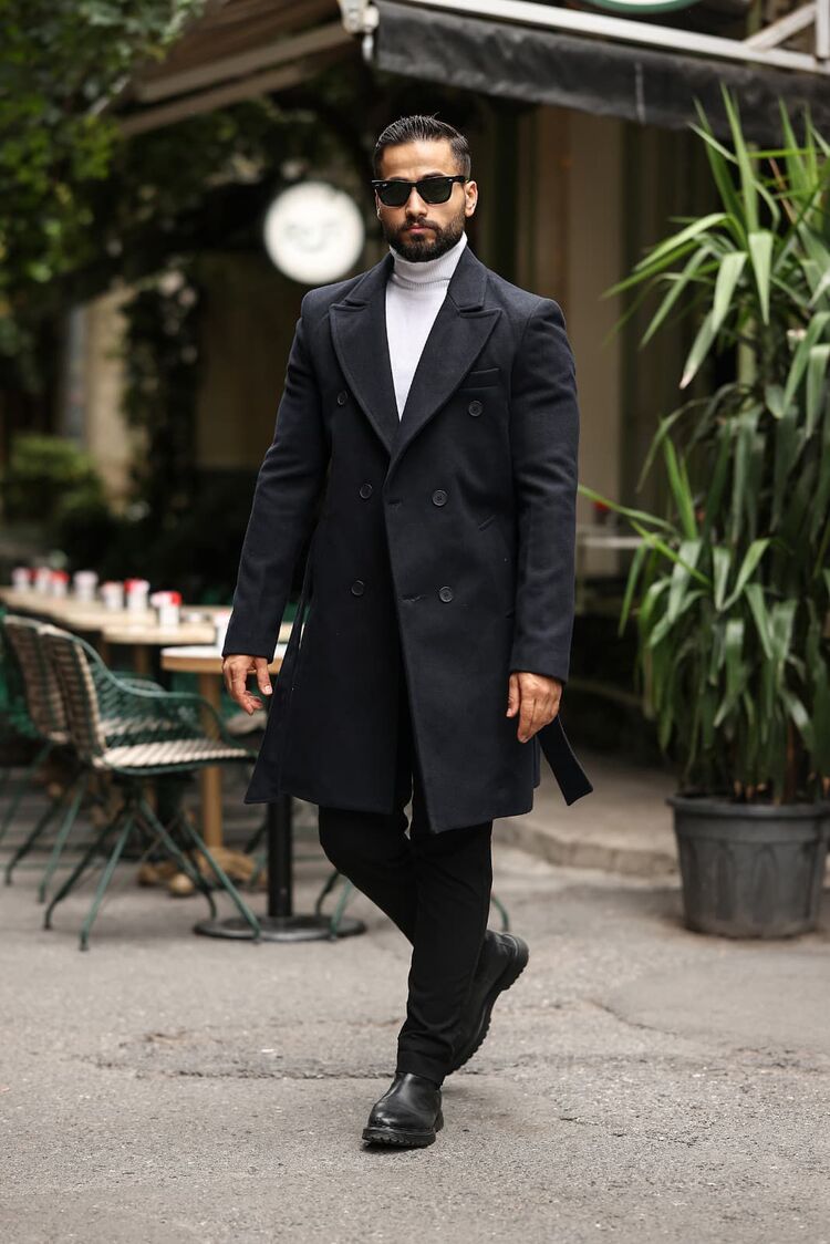 Kod : 2504 , Lacivert Erkek Modern Fit Kaşe Kaban


