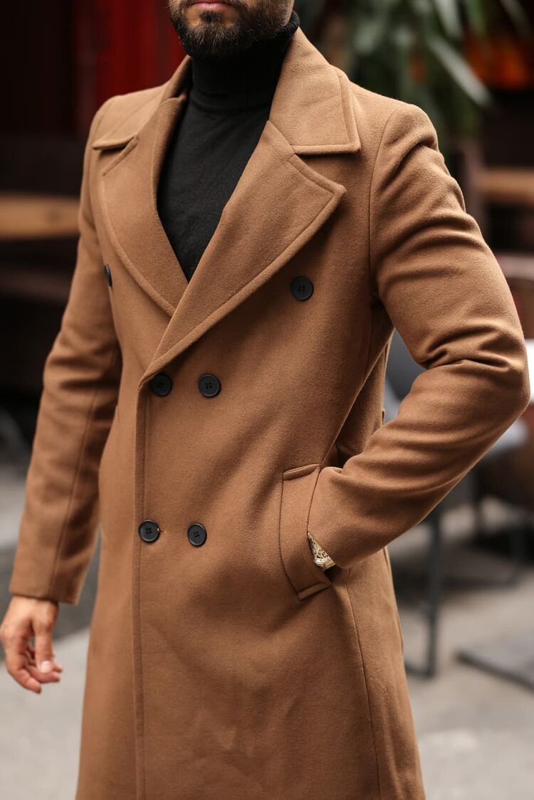 Kod : 2507 , Taba Erkek Modern Fit Kaşe Kaban 