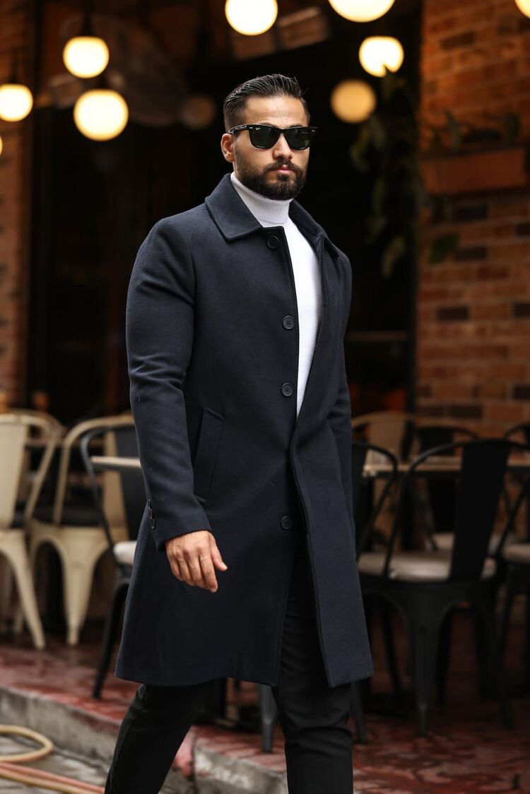 Kod : 2505 , Lacivert Erkek Modern Fit Kaşe Kaban