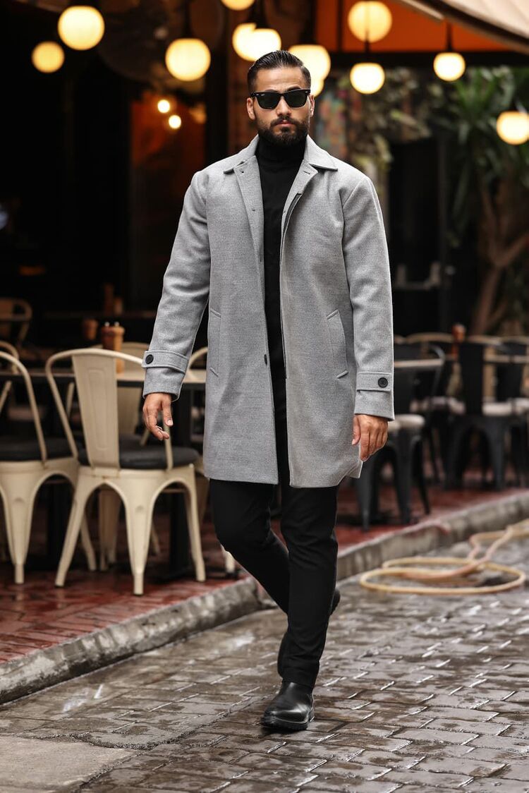 Kod : 2501 , Gri Erkek Modern Fit Kaşe Kaban 