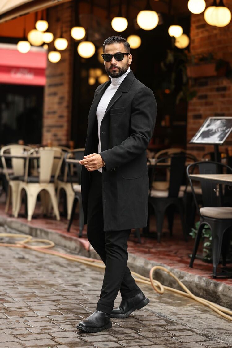Kod : 2506 , Siyah Erkek  Modern Fit Kaşe Kaban