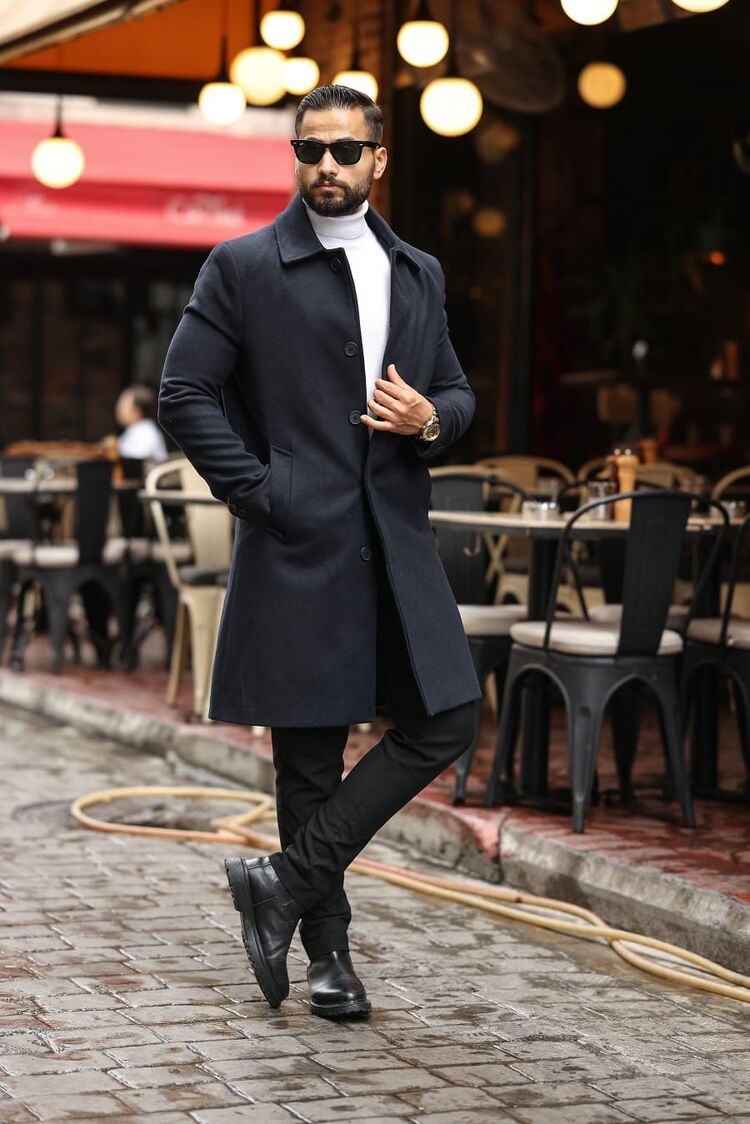 Kod : 2505 , Lacivert Erkek Modern Fit Kaşe Kaban