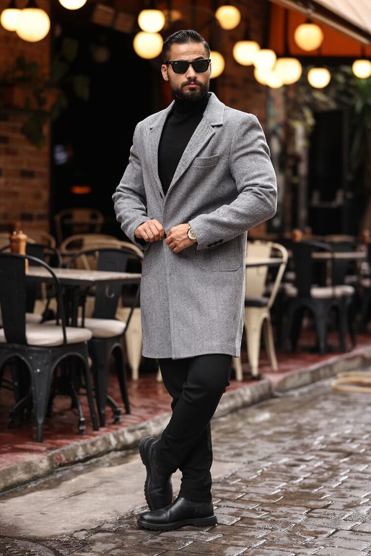 Kod : 2506 , Gri Renk Balık Sırtı Desenli  Erkek  Modern Fit Kaşe Kaban