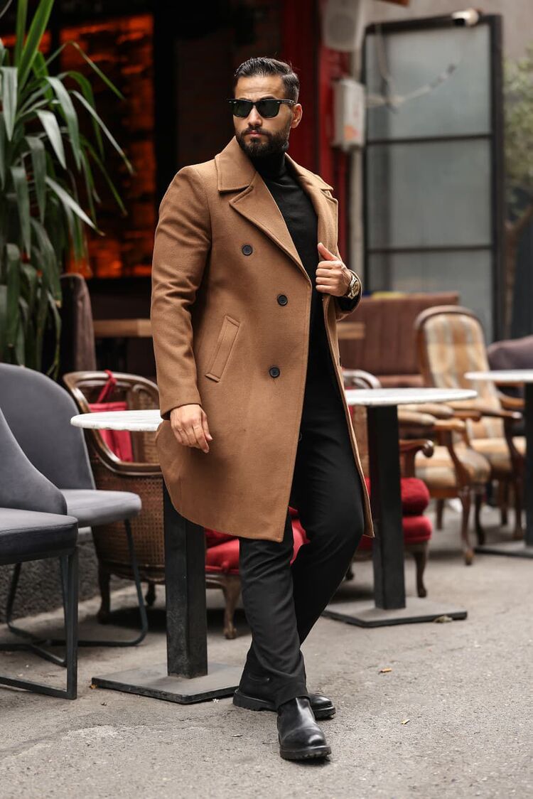 Kod : 2507 , Taba Erkek Modern Fit Kaşe Kaban 