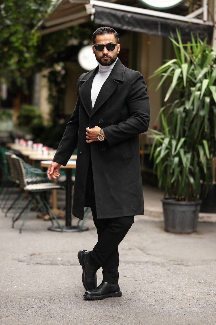 Kod : 2507 , Siyah Erkek Modern Fit Kaşe Kaban 