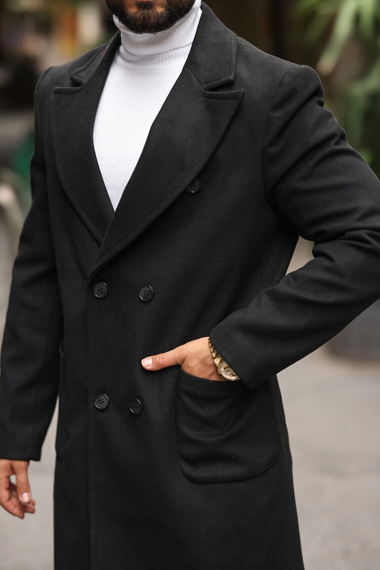 Model kodu: 2503 , Siyah Erkek Modern Fit Kaşe Kaban 