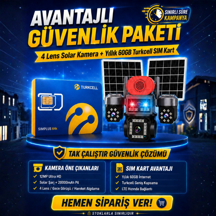 O-Kam 331 4 Kameralı Solar Güvenlik Kamerası + Aylık 5GB İnternetli Turkcell Sim Kart