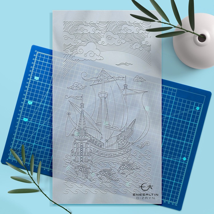 Perforated Stencil 20x40 cm. - Galleon and Fish Motif Tile Pattern