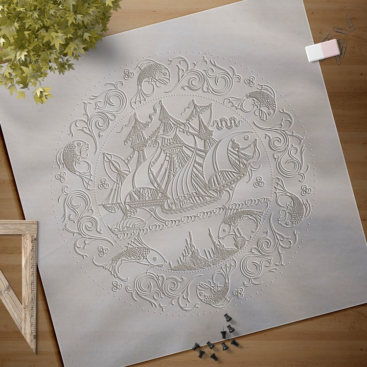 Perforated Stencil 30 cm. - Classic Galleon and Fish Tile Plate Pattern