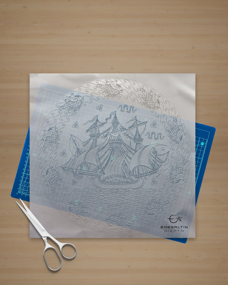 Perforated Stencil 30 cm. -  Sultan of the Seas Galleon and Fish Wavy Edge Tile Pattern