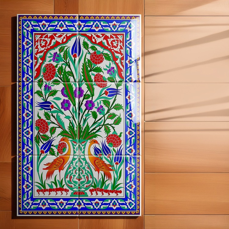 Perforated Stencil 40x60 cm. Oversized - Double Bird and Vase Motif Tile Pattern