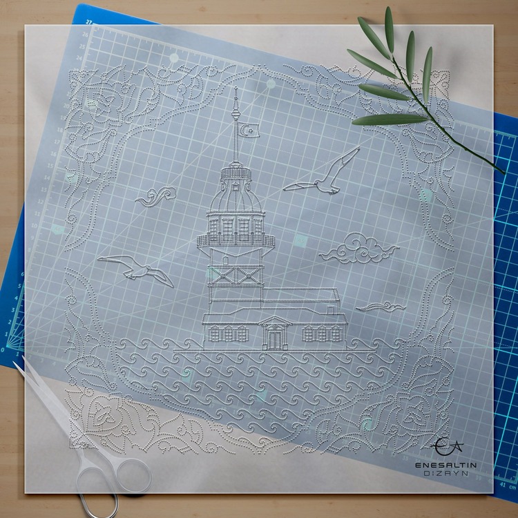 Perforated Stencil 30 x 30 cm. -  Istanbul Maiden's Tower Rumi Arched Motif Tile Pattern
