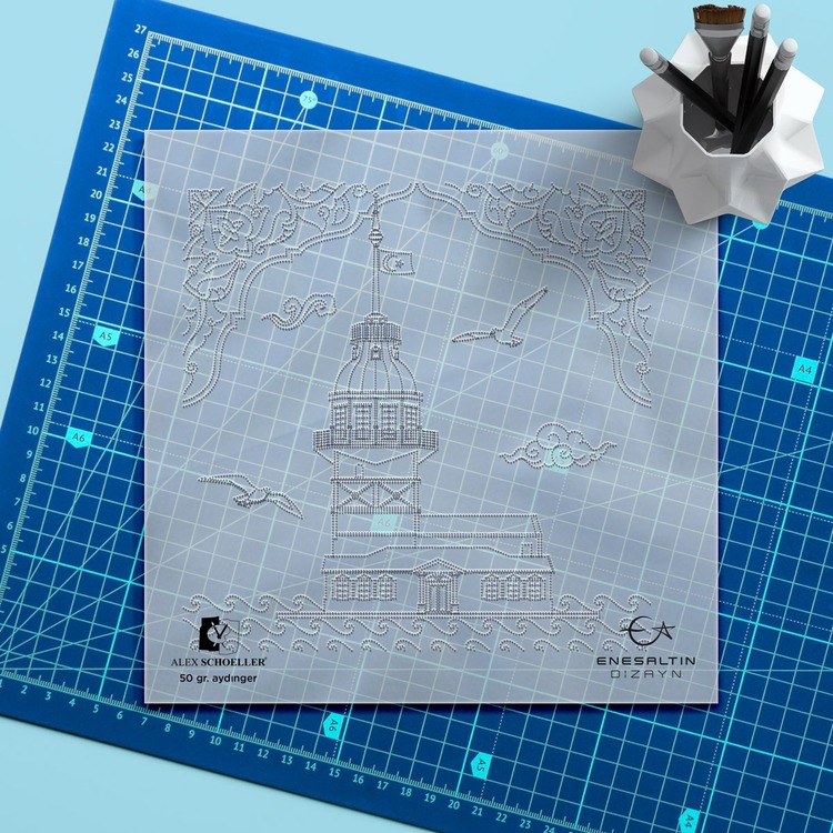 Perforated Stencil 20 x 20 cm. - Istanbul Maiden's Tower Rumi Arched Motif Tile Pattern