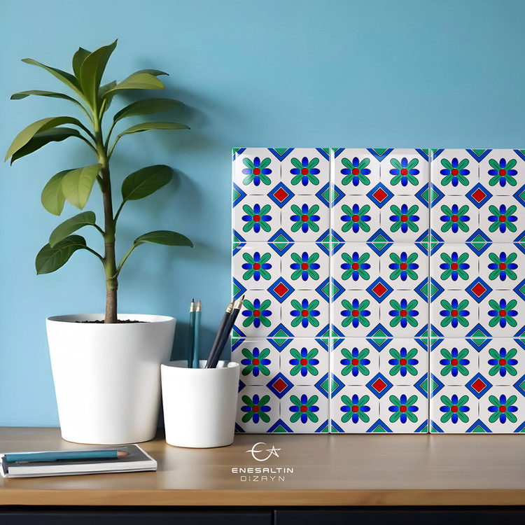 Perforated Stencil 10 x 10 cm – 2 Copies of Sicilian Style Geometric Daisy Tile Pattern