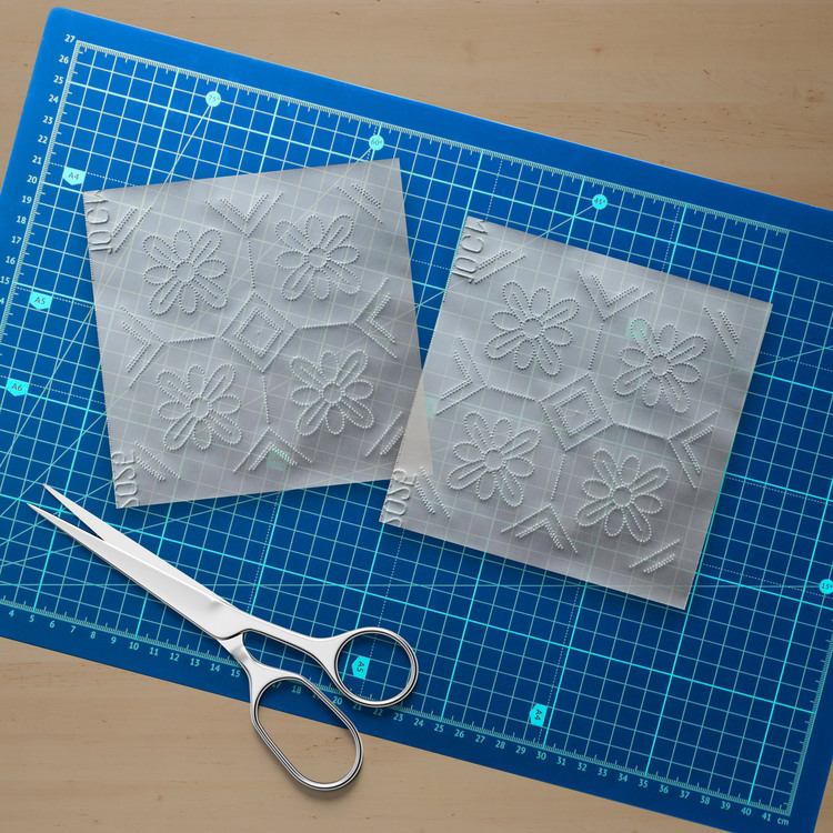 Perforated Stencil 10 x 10 cm – 2 Copies of Sicilian Style Geometric Daisy Tile Pattern