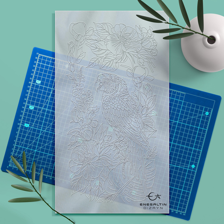Perforated Stencil 20x40 cm. - Parrot and Tropical Flower Exotic Motif Tile Pattern