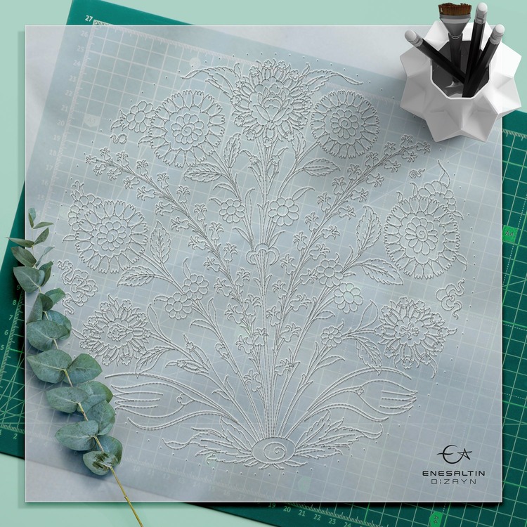 Perforated Stencil 30 cm. - Hyacinth and Plant Motif Iznik Tile Pattern