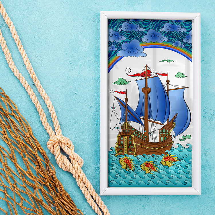 Perforated Stencil 20x40 cm. - Galleon and Fish Motif Tile Pattern