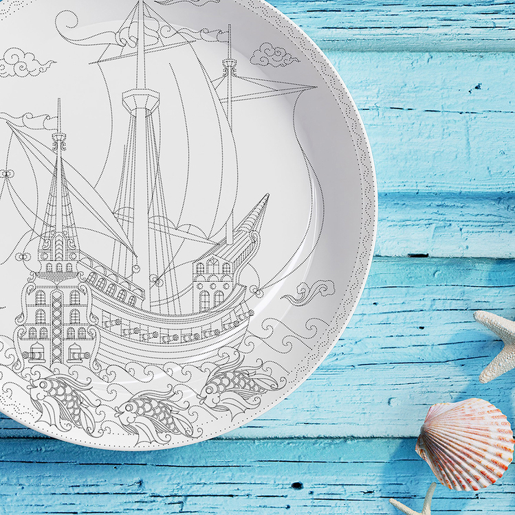 Perforated Stencil 30 cm. - Tile Plate Pattern with Galleon and Fish Motif