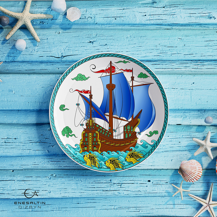 Perforated Stencil 30 cm. - Tile Plate Pattern with Galleon and Fish Motif