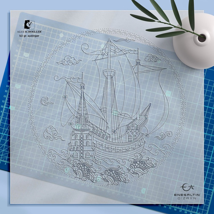 Perforated Stencil 25 cm. - Tile Plate Pattern with Galleon and Fish Motif