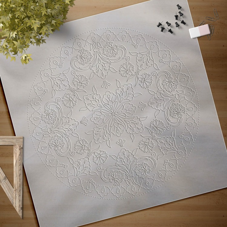 Perforated Stencil 30 cm. - Swirl Tile Plate Pattern with Plant Motifs