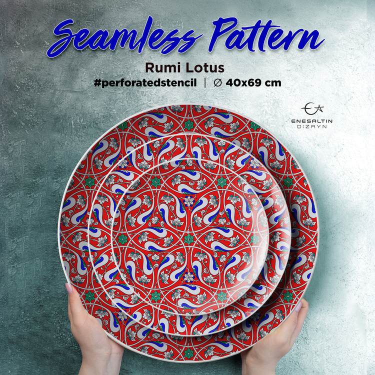 Perforated Stencil 40x69 cm. LARGE SIZE - Seamless Motif Rumi Lotus Tile / Plate Pattern
