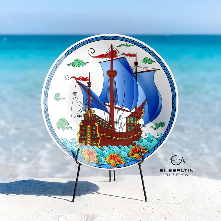 Perforated Stencil 25 cm. - Tile Plate Pattern with Galleon and Fish Motif