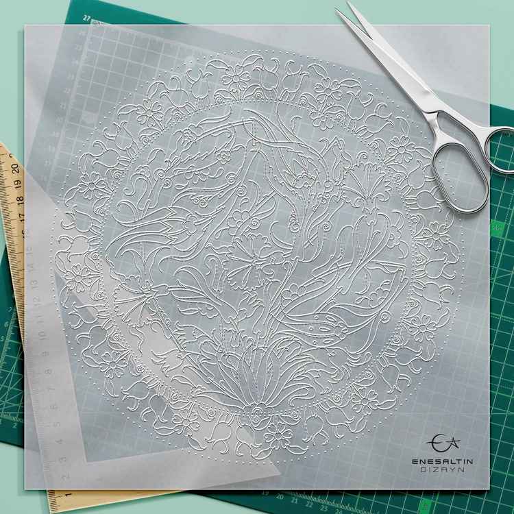 Perforated Stencil 30 cm. - Tile Plate Pattern with Broken Tulip and Carnation Motif