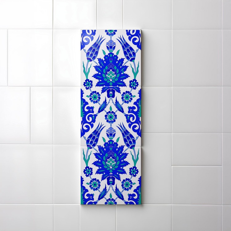 Perforated Stencil 20 x 60 cm. - Turkiye Rustem Paşa Symmetric Hatayi Tulip Tile 3-Panel Pattern