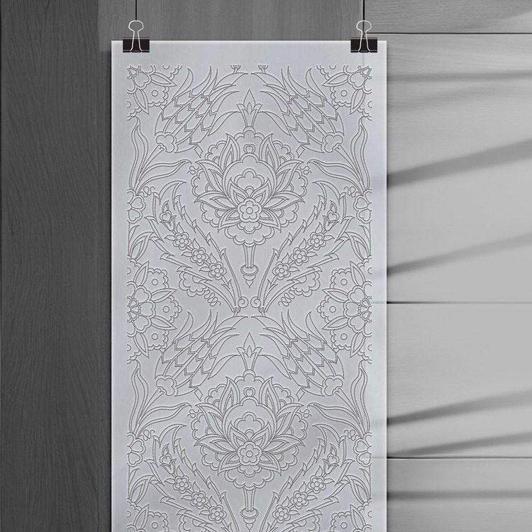 Perforated Stencil 20 x 60 cm. - Minimal Vertical Panel Symmetric Hatayi and Tulip Seamless Tile Pat