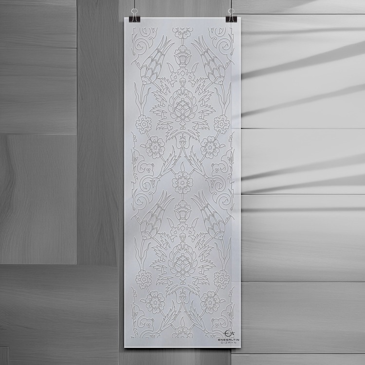 Perforated Stencil 20 x 60 cm. - Turkiye Rustem Paşa Symmetric Hatayi Tulip Tile 3-Panel Pattern