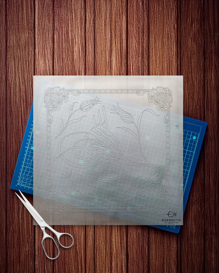Perforated Stencil 30 x 30 cm. - Tugra Basmala Calligraphy Tulip Motif Tile Pattern